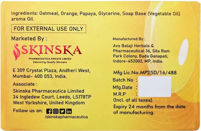 Skinska Skinska Naturals Oat Meal, Orange & Papaya Soap - 125gm