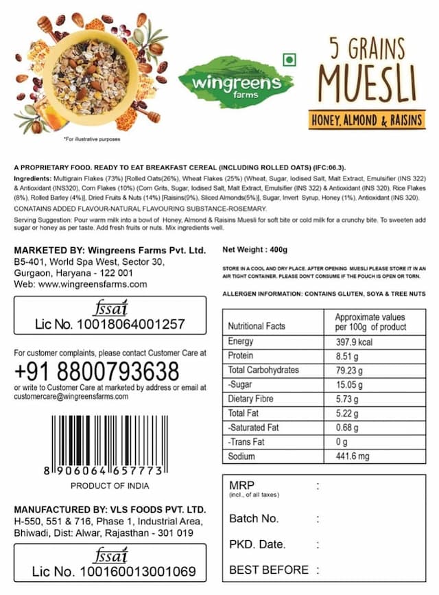 Wingreens Farms 5-Grains Muesli - Honey Almonds & Raisins | 400g Pouch