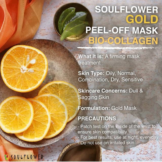 Soulflower Bio-Collagen Gold Peel Off Mask, Dissolve Dull Surface Cells & Minimise Wrinkles - 100g