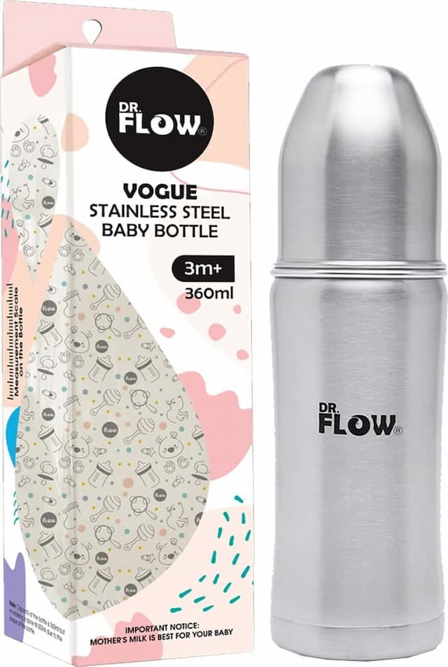 Dr.Flow Vogue Stainless Steel Baby Bottle 360ml, Grey