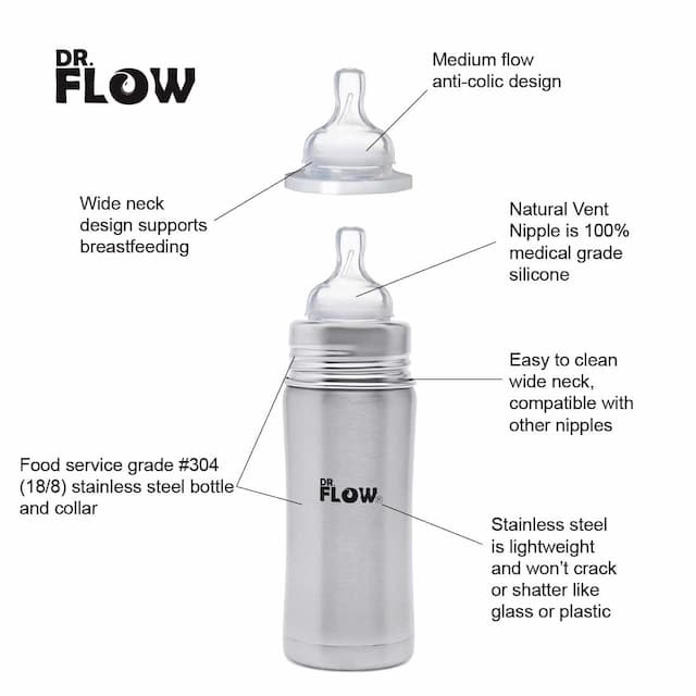 Dr.Flow Vogue Stainless Steel Baby Bottle 360ml, Grey