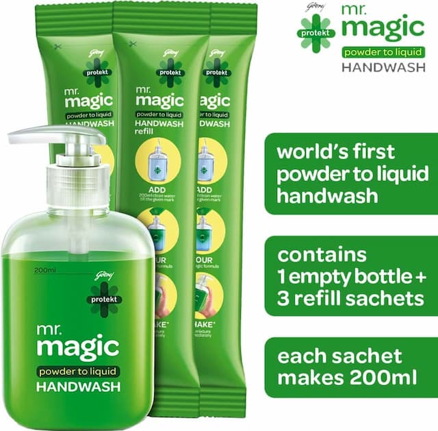 Godrej Protekt Mr Magic Powder To Liquid Handwash - 27g Combo ( Bottle + 3 Refill )