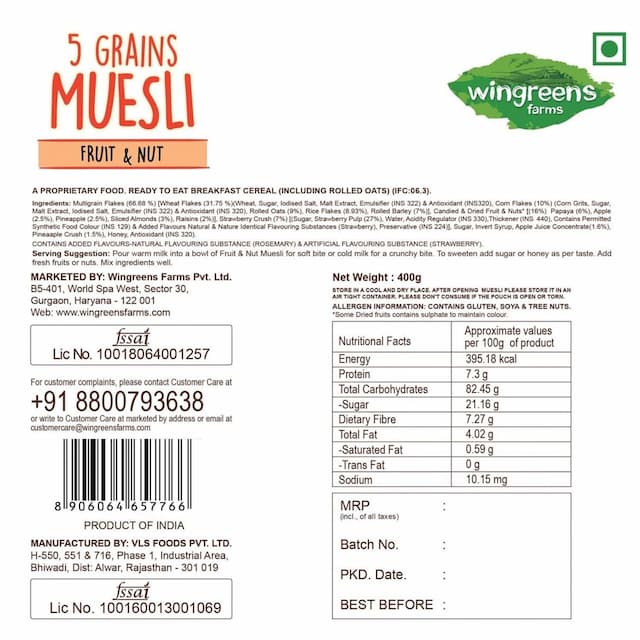 Wingreens Farms 5-Grains Muesli - Fruit & Nut | 400g Pouch