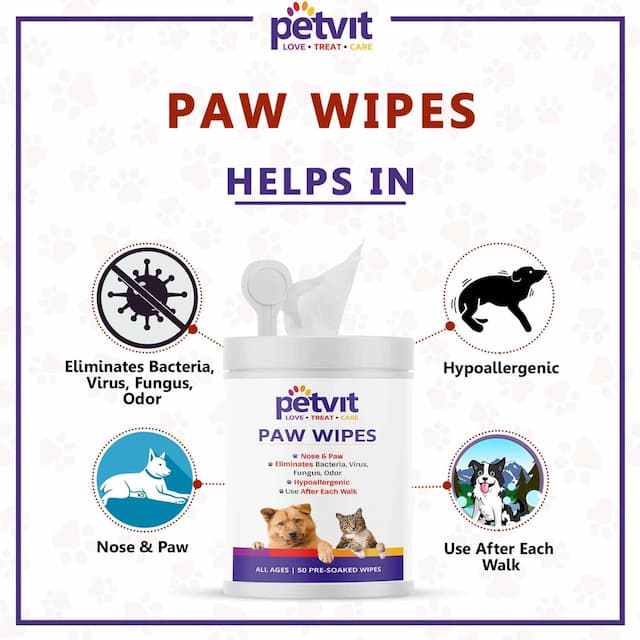 Petvit Nose And Paw Wipes For Eliminates Bacteria, Virus,Fungus,Odor For All Age Group -50 Wipes