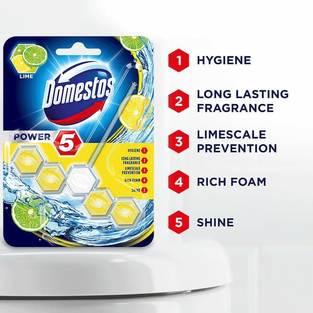 Domestos Power 5 Toilet Rim Block, Lime, Limescale Removal With Long Lasting Fragrance 55g