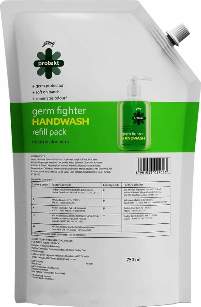 Godrej Protekt Germ Fighter Handwash Refill - Neem & Aloe Vera - 750ml