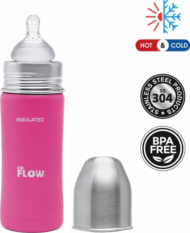 Dr.Flow Omega Thermosteel Vaccum Insulated Baby Bottle 270ml, Pink