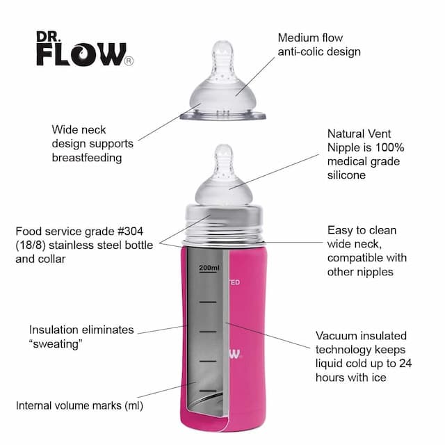 Dr.Flow Omega Thermosteel Vaccum Insulated Baby Bottle 270ml, Pink