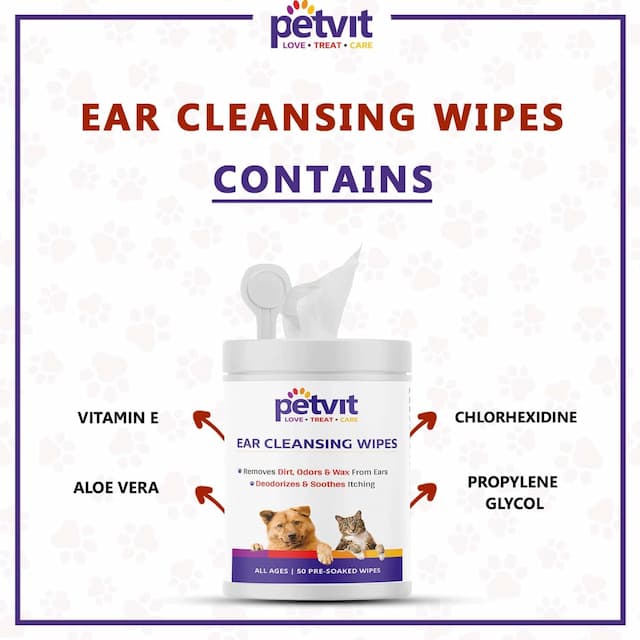 Petvit Ear Cleansing Wipes For Dogs And Cats To Remove Odors & Wax From Ear -50 Wipes | Pack Of 2