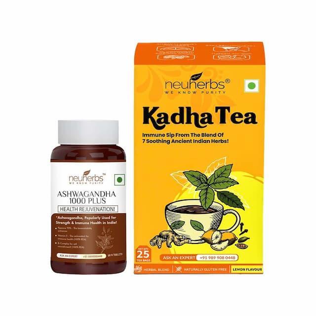 Neuherbs Herbal Immunity Booster Combo Pack Ashwagandha 1000 Plus - 60 Tab , Kadha - 25 Tea Bags