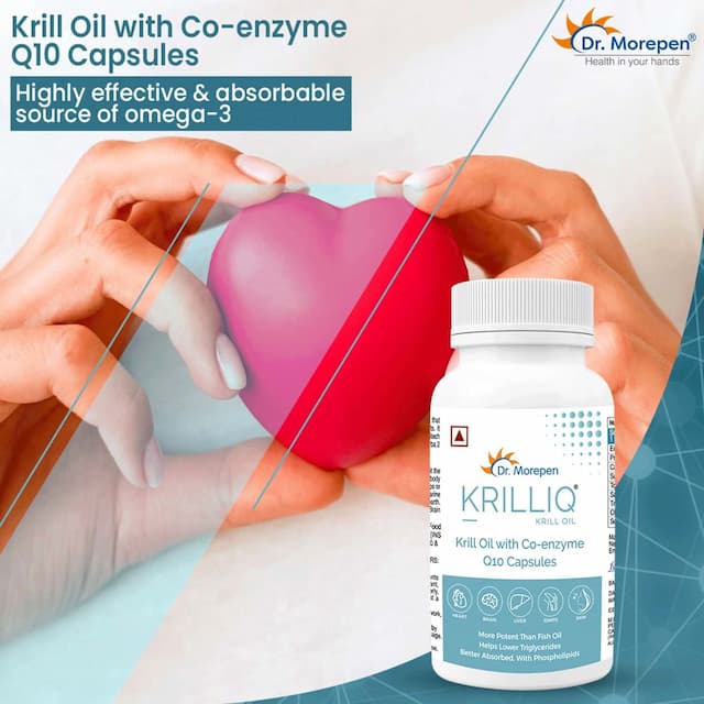 Dr. Morepen Krilliq Krill Oil Capsules With Coenzyme Q10 For Healthy Heart-Brain, Liver-30 Softgels