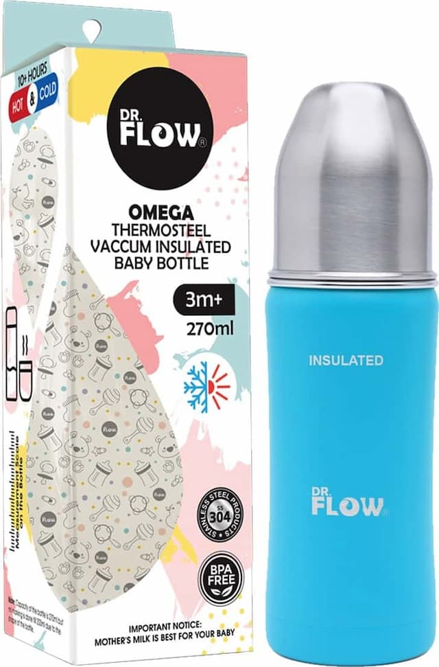 Dr.Flow Omega Thermosteel Vaccum Insulated Baby Bottle 270ml, Blue