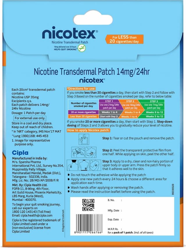 Nicotex Nicotine Patch 14mg (1 Patch)|Helps Quit Smoking|