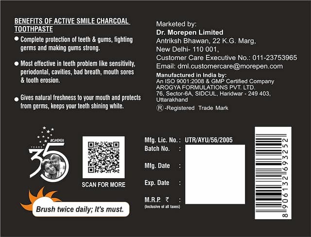 Dr. Morepen Active Smile Charcoal Toothpaste For Teeth Whitening & Bad Breath Removal - 100g