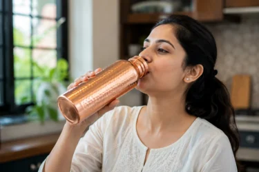 woman drinking water from copper bottle 
