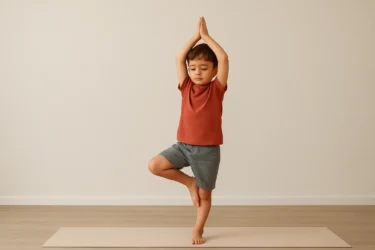 a kid doing tree pose virkshasana
